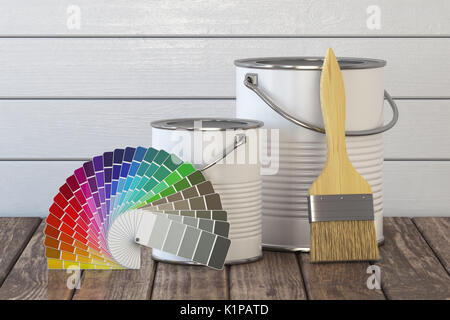 Paint cans, paint brush and color palette on wood table. 3d illustration Stock Photo