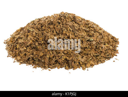 pile of unprocessed dried tobacco leaves, on a  white isolated background. Stock Photo