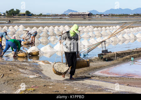 Workers gathering sea salt from the salt pans, Petchaburi province, Thailand Stock Photo