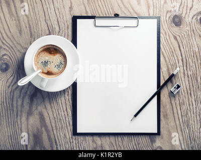 Photo of blank stationery. Corporate identity template on vintage wooden background. Branding mock up. Mockup for design portfolios. Top view. Stock Photo