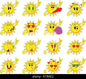 Cartoon sun with hands in rocker pose. Collection with various facial expressions. Vector set. Stock Vector