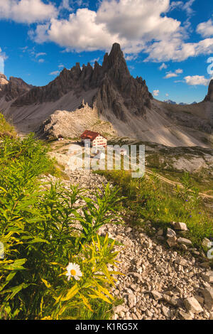 Mount Pateno and Locatelli refuge, Bolzano Province, Veneto, Italy. Stock Photo