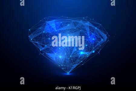 Low polygon diamond wireframe mesh on blue background Stock Vector