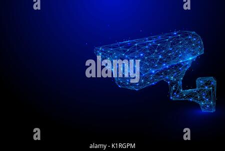 Low polygon CCTV security camera wireframe mesh on blue background Stock Vector