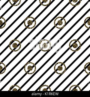 Seamless circles and stripes black and white pattern. Stock Vector