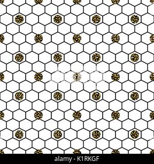 Hexagon grid cells with glitter polka vector seamless pattern. Stock Vector