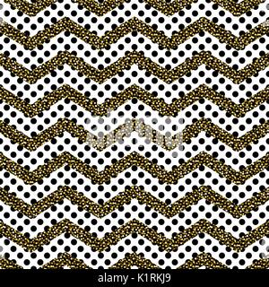 Zigzag angle wave lines with gold glitter seamless vector pattern. Stock Vector