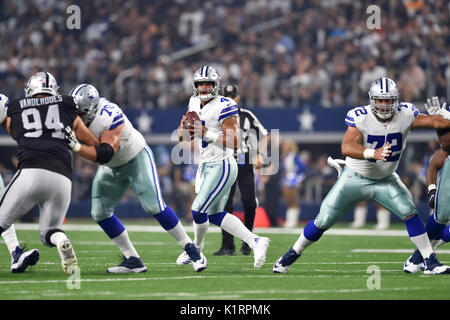 August 26, 2017: Dallas Cowboys quarterback Dak Prescott (4) warms up prior  to an NFL pre-season game between the Oakland Raiders and the Dallas Cowboys  at AT&T Stadium in Arlington, Texas. Shane