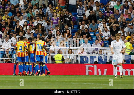 Madrid, Spain. August 27, 2017 . Carlos Soler (18) Valencia CF's player celebrates the (1, 1) after scoring his team´s goal. La Liga between Real Madrid vs Valencia CF at the Santiago Bernabeu stadium in Madrid, Spain, August 27, 2017 . Credit: Gtres Información más Comuniación on line, S.L./Alamy Live News Stock Photo