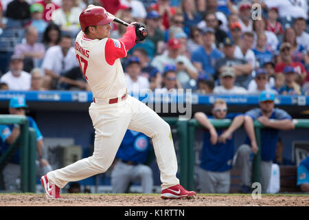 Philadelphia, Pennsylvania, USA. 27th Aug, 2017. August 27, 2017: Philadelphia Phillies' Rhys Hoskins (17) hits a home run during the MLB game between the Chicago Cubs and Philadelphia Phillies at Citizens Bank Park in Philadelphia, Pennsylvania. Christopher Szagola/CSM Credit: Cal Sport Media/Alamy Live News Stock Photo