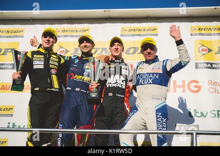 Corby, Northamptonshire, UK. 27th August, 2017.   Race 3 podium finishers of the Dunlop MSA British Touring Car Championship at Rockingham Motor Speedway (Photo by Gergo Toth / Alamy Live News) Stock Photo