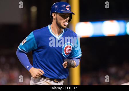 August 25, 2017: Chicago Cubs third baseman Kris Bryant (17) reacts during the MLB game between the Chicago Cubs and Philadelphia Phillies at Citizens Bank Park in Philadelphia, Pennsylvania. Christopher Szagola/CSM Stock Photo