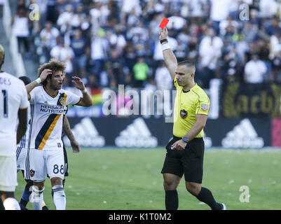 Los Angeles, California, USA. 27th Aug, 2017. Los Angeles Galaxy Joao Pedro (88) reacts as referee gives a red card to his teammate Nathan Smith during an MLS soccer match against San Jose Earthquakes Sunday, August 27, 2017 in Los Angeles. The Earthquakes Won 3-0. Credit: Ringo Chiu/ZUMA Wire/Alamy Live News Stock Photo