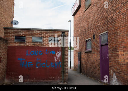 London, UK. 24th August 2017. 'Long Live The Boleyn' graffiti close to the site of the Boleyn Ground, West Ham United's former stadium in Upton Park.  Stock Photo