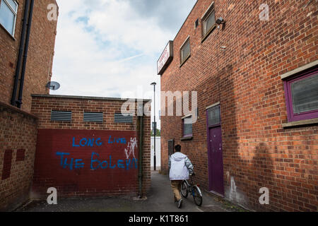 London, UK. 24th August 2017. 'Long Live The Boleyn' graffiti close to the site of the Boleyn Ground, West Ham United's former stadium in Upton Park.  Stock Photo