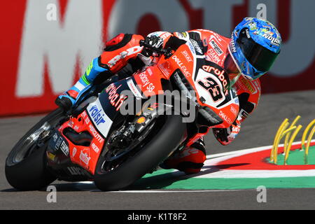 San Marino, Italy - May 12, 2017: Ducati Panigale R of Aruba.it Racing-Ducati SBK Team, driven by Melandri Marco in action during the qualifying sessi Stock Photo
