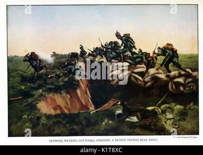 This illustration from early World War I has the caption: Germans, wearing gas masks, storming a British trench near Ypres in Belgium. Ypres was the site of several battles during the War. Its location placed it right on the route the Germans planned to take as they made their way into France from the north. At the start of the second battlel of Ypres, the Germans used poison gas—hence, the use of gas masks by the Germans. Stock Photo