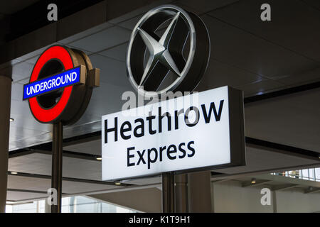 Heathrow Express and London Underground signage at Heathrow Airport Terminal Two Building, London, England, UK Stock Photo