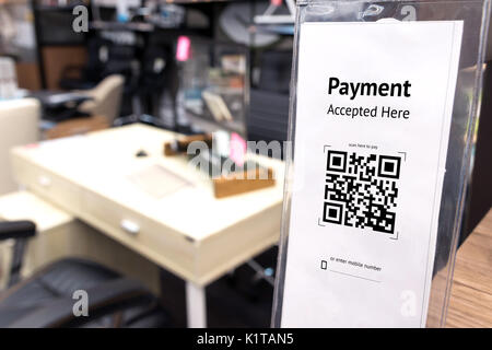 Qr code payment , online shopping , cashless technology concept. Coffee shop accepted digital pay without money. Stock Photo
