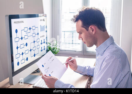 Businessman or engineer working on business process automation or algorithm with flowchart on computer screen Stock Photo