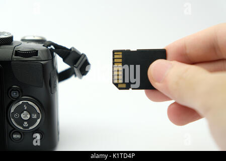 Inserting SD memory card into a DSLR camera's card slot from the side Stock Photo