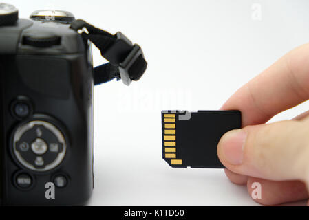 Inserting SD memory card into a DSLR camera's card slot from the side Stock Photo