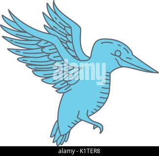 Mono line style illustration of a kingfisher bird flying viewed from the side set on isolated white background. Stock Vector