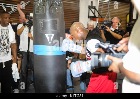 Boxer Floyd Mayweather Jr. trains front media Mayweather Boxing Gym April 24,2012 Las Vegas,Nevada. Stock Photo