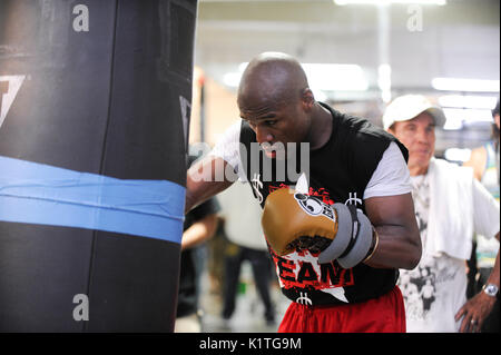 Boxer Floyd Mayweather Jr. trains front media Mayweather Boxing Gym April 24,2012 Las Vegas,Nevada. Stock Photo