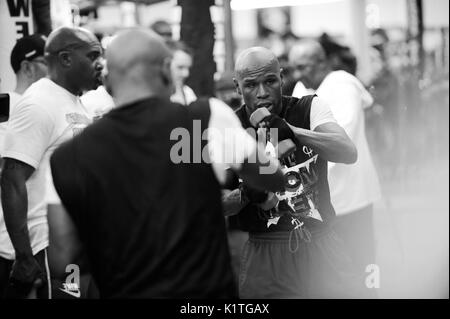 Boxer Floyd Mayweather Jr. trains front media Mayweather Boxing Gym April 24,2012 Las Vegas,Nevada. Stock Photo