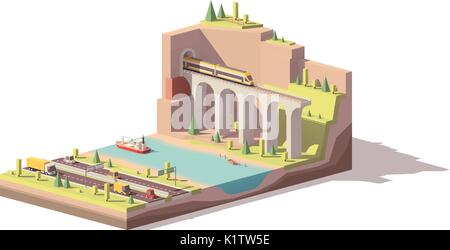 Vector low poly highway near river and railroad Stock Vector