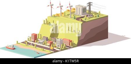 Vector low poly wind turbines power plant Stock Vector