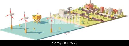 Vector low poly wind turbines power plant Stock Vector