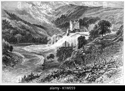 1870: Woodsman, Farmer and sheep in a landscape featuring Neidpath Castle, a tower house, built by Sir William de Haya in the late 14th century. overlooking the River Tweed about a mile west of Peebles in the Borders of Scotland, Roxburghshire, Scotland Stock Photo