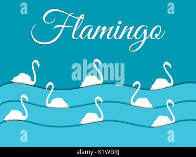 Flamingo, wave shadow, birds swim. Paper waves. Vector shadow. Stock Vector