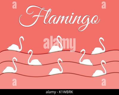 Flamingo, paper waves, birds swim. Vector shadow. Stock Vector