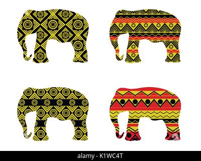 Indian elephant pattern. Black and yellow colors. Set of vector illustrations. Stock Vector