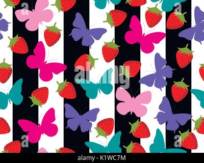 Seamless stripe pattern with strawberries and butterflies. Summer background for clothes and interior. Vector illustration Stock Vector