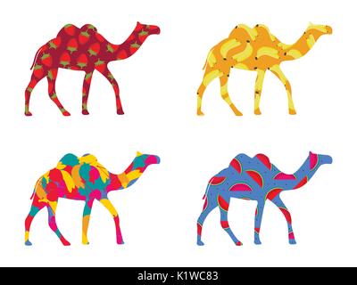 Bactrian camel Indian. Camel with a pattern of berries and fruit isolated on a white background. Bananas, strawberries and watermelon. Set of vector i Stock Vector