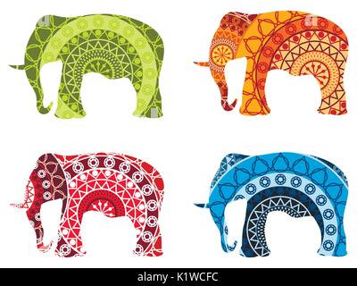 Indian elephant, tibetan mandala pattern. Isolated on white. Set of vector illustrations. Stock Vector