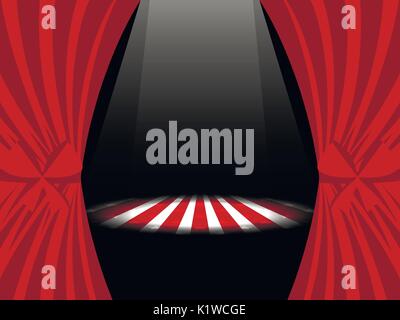 Red curtains with ribbons and lights on stage. Vector illustration Stock Vector