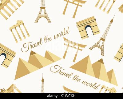 Landmarks seamless pattern seamless pattern wonders, architecture seamless pattern. Travel the world, world landmarks. Travel and tourism background. Stock Vector