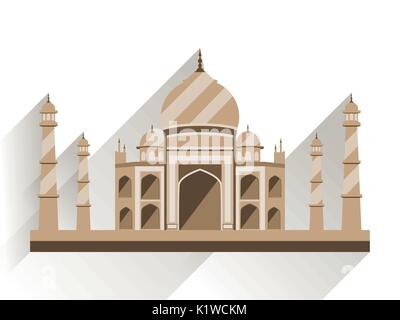 Taj Mahal flat style with long shadow. Ancient Palace in India isolated on white background. Vector illustration. Stock Vector