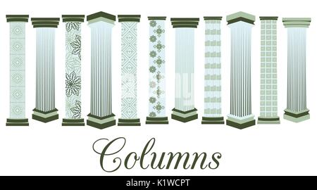 Columns with a pattern. set. Doric, Roman style. Vector illustration. Stock Vector