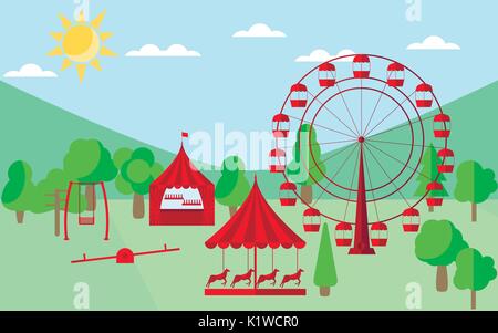 The amusement park flat style. A Ferris wheel, a merry-go-round with horses and a swing. Vector illustration Stock Vector