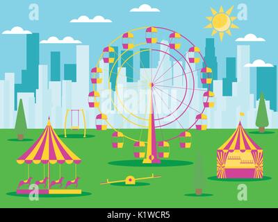 City park with attractions on the background of skyscrapers. A Ferris wheel, a merry-go-round with horses and a swing. Vector illustration Stock Vector