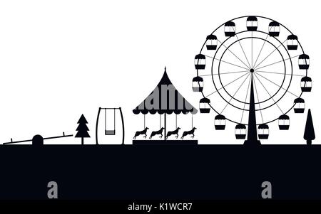Amusement park, black contour of a Ferris wheel on a white background. Vector illustration Stock Vector