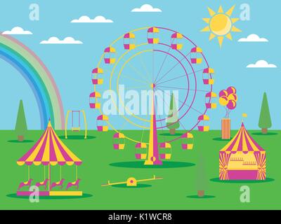 The amusement park flat style. A Ferris wheel, a merry-go-round with horses and a swing. Sunny weather with a rainbow. Vector illustration Stock Vector