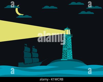 Lighthouse and ship in the sea at night. Waves and lighthouse. Vector illustration. Stock Vector