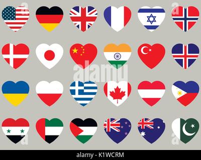 Hearts with flag. Flag icons set. Vector illustration. Stock Vector